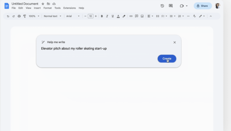 Google Docs smart compose tool generating an elevator pitch with AI assistance.